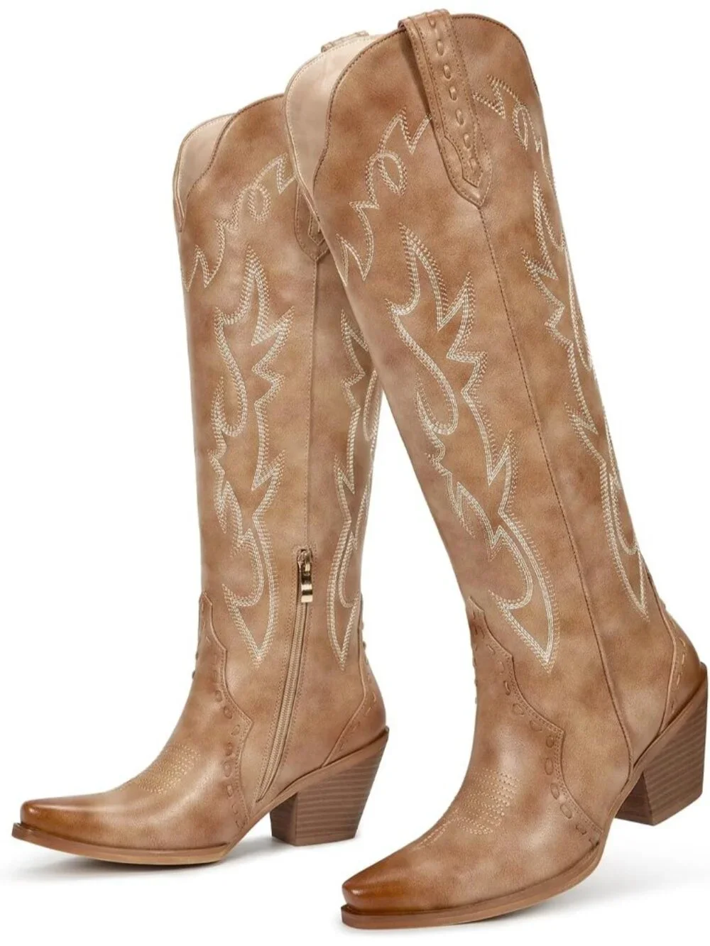 🆕Women's Camel Knee High Flame Embroidered Snip Toe Zipper Chunky Heel